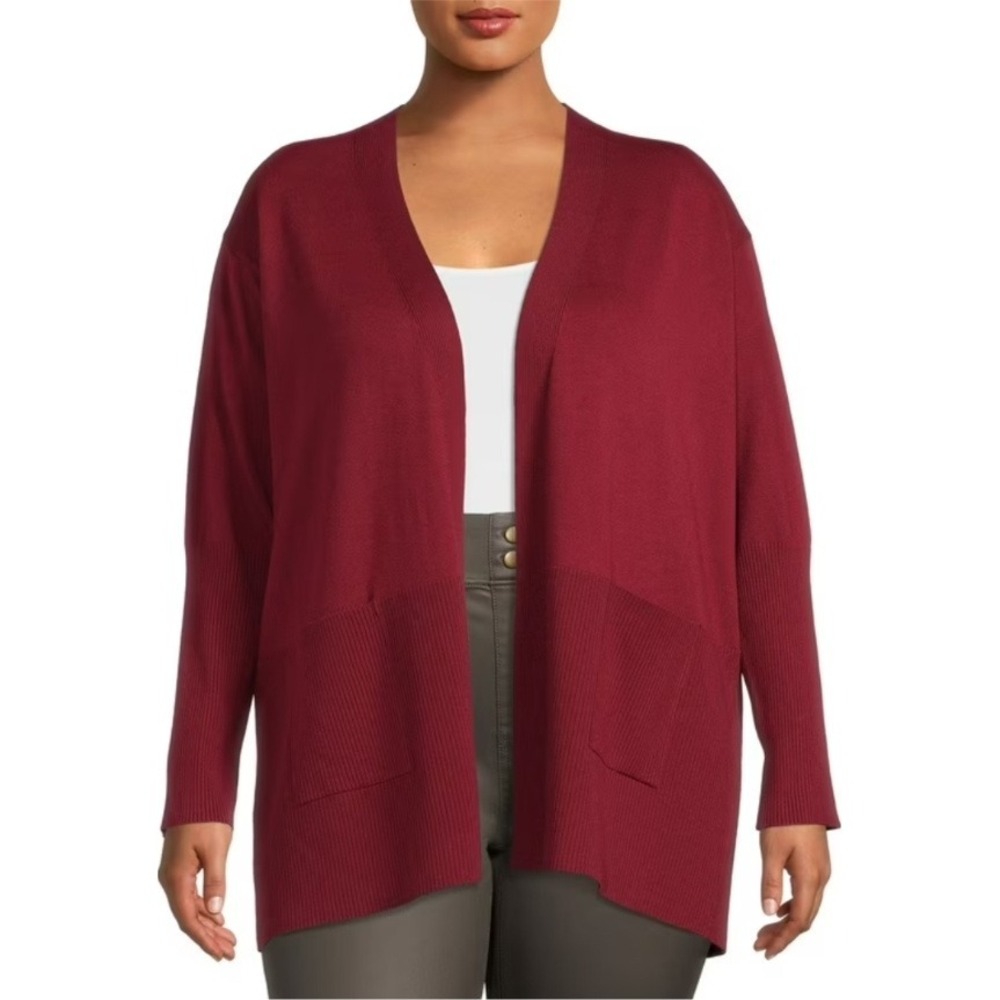 Terra & Sky Womens 0X 14 Red Open Front Cardigan Sweater Long Sleeve Pockets NWT